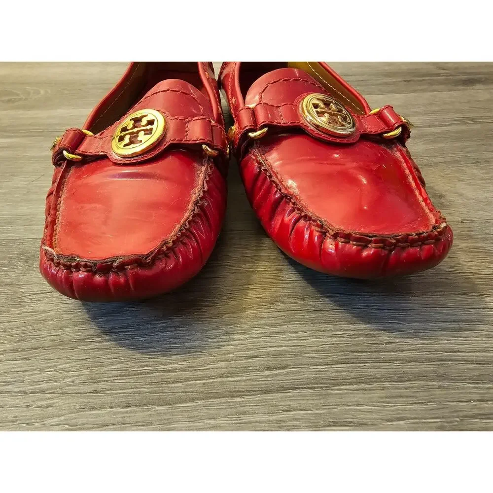Tory Burch Womens Red Crinkled Patent Leather Driving Loafers Moccasins Size 7M